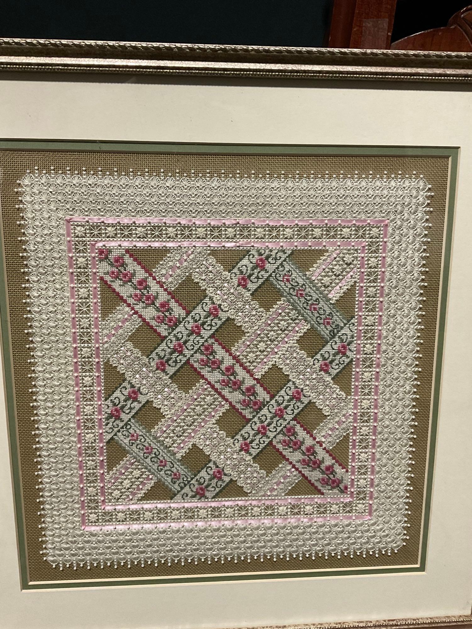Pair of Framed Embroidered Lace Sampler Pieces
