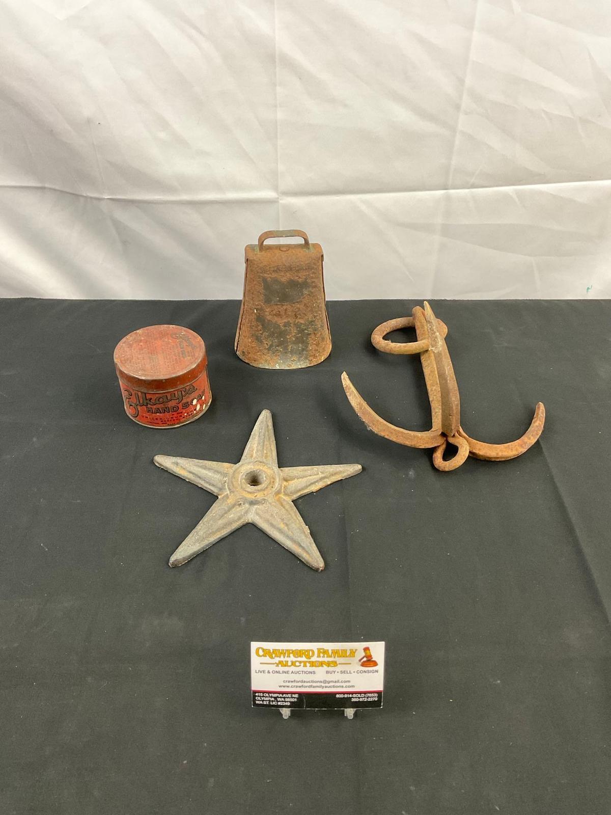 4 pcs Vintage Decorative Rusted Metal Assortment. Anchor, Star, Cow Bell, Elkay's Hand Soap Tin. ...