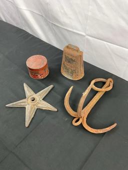 4 pcs Vintage Decorative Rusted Metal Assortment. Anchor, Star, Cow Bell, Elkay's Hand Soap Tin. ...