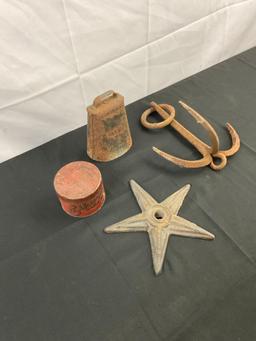 4 pcs Vintage Decorative Rusted Metal Assortment. Anchor, Star, Cow Bell, Elkay's Hand Soap Tin. ...