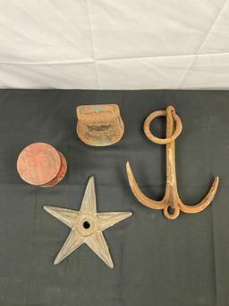 4 pcs Vintage Decorative Rusted Metal Assortment. Anchor, Star, Cow Bell, Elkay's Hand Soap Tin. ...