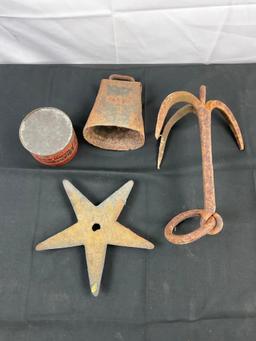 4 pcs Vintage Decorative Rusted Metal Assortment. Anchor, Star, Cow Bell, Elkay's Hand Soap Tin. ...