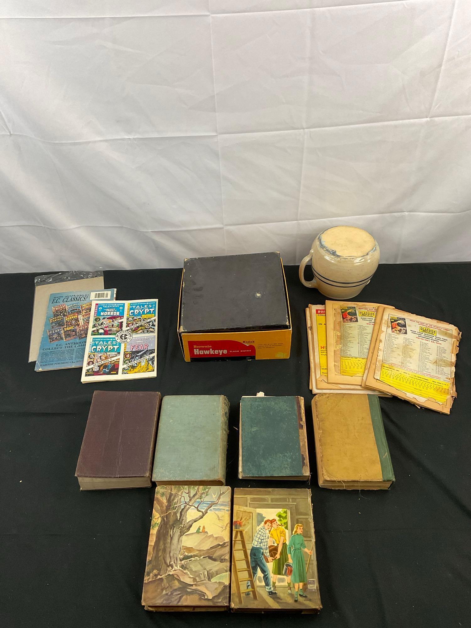 16 pcs Vintage Children's Books Assortment, 1 Kodak Brownie Hawkeye & 1 Ceramic Pitcher. See pics.