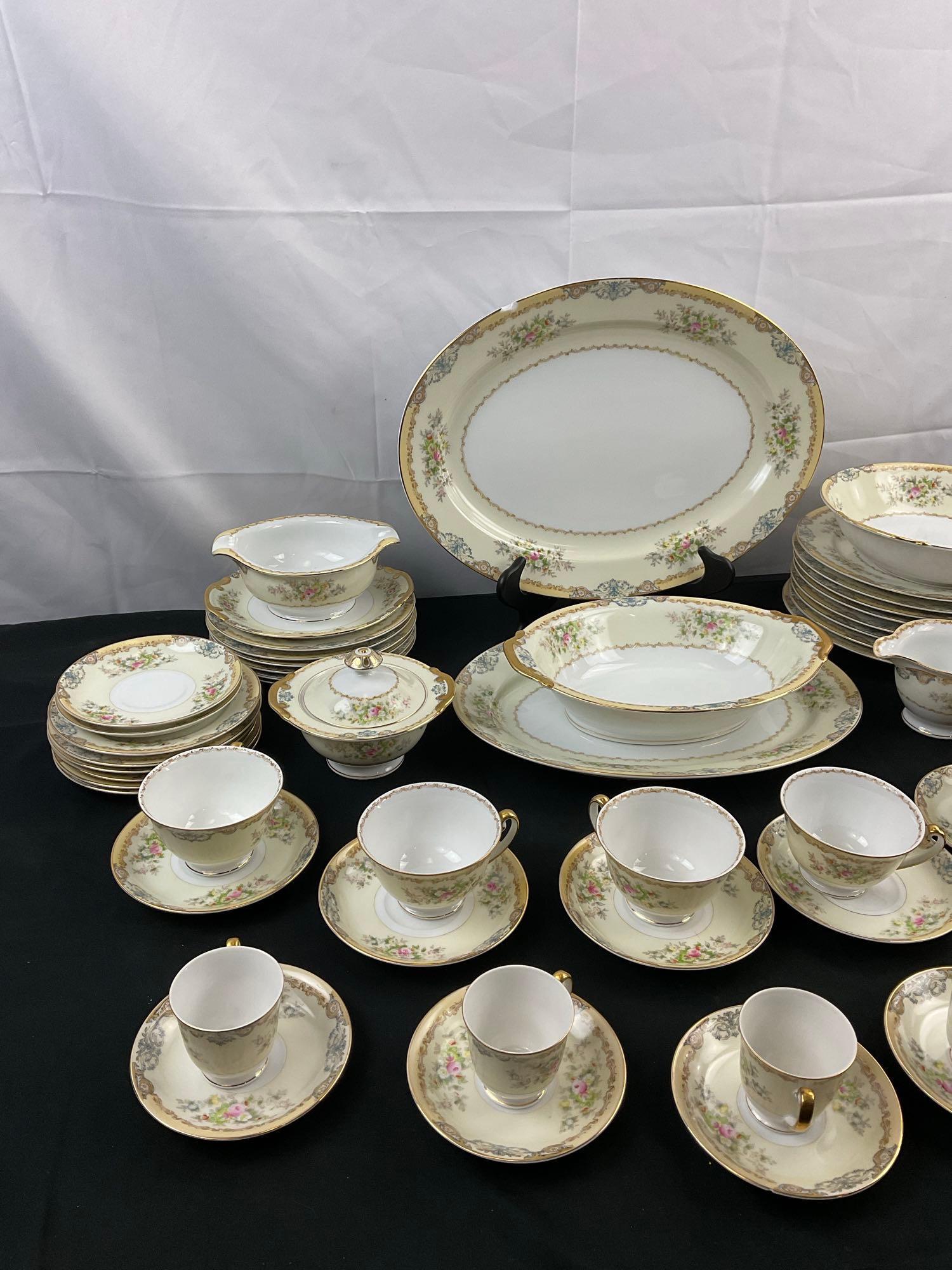 53 pcs Vintage Meito China Made in Japan Hand Painted Dinner Set in Cream Floral Diana Pattern. See