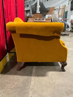 Antique Wooden Couch w/ Turmeric Yellow Velvet Upholstery & Ornately Carved Feet. See pics.