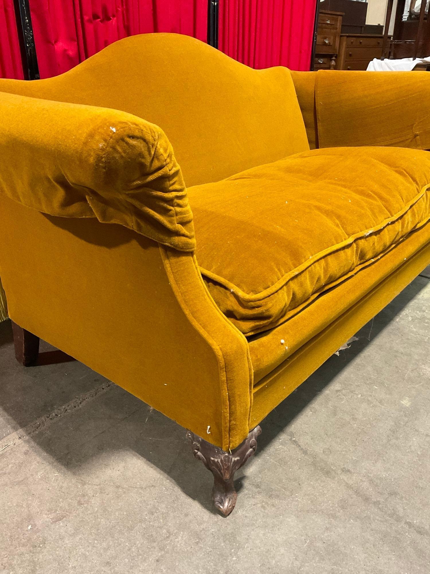 Antique Wooden Couch w/ Turmeric Yellow Velvet Upholstery & Ornately Carved Feet. See pics.