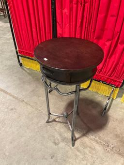Modern Wood & Metal Round Side Table or Planter Stand w/ 1 Drawer & Wave Pattern Accent. See pics