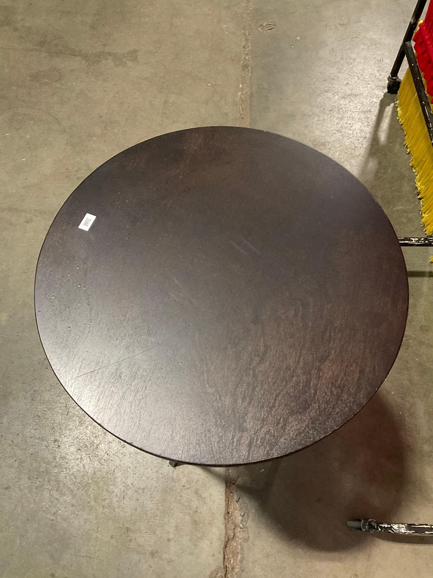 Modern Wood & Metal Round Side Table or Planter Stand w/ 1 Drawer & Wave Pattern Accent. See pics