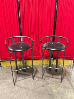 Pair of Vintage Amisco Industries Steel Bar Stools w/ Black Leather Seats & Low Backs. See pics.