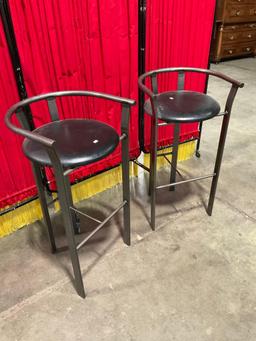 Pair of Vintage Amisco Industries Steel Bar Stools w/ Black Leather Seats & Low Backs. See pics.