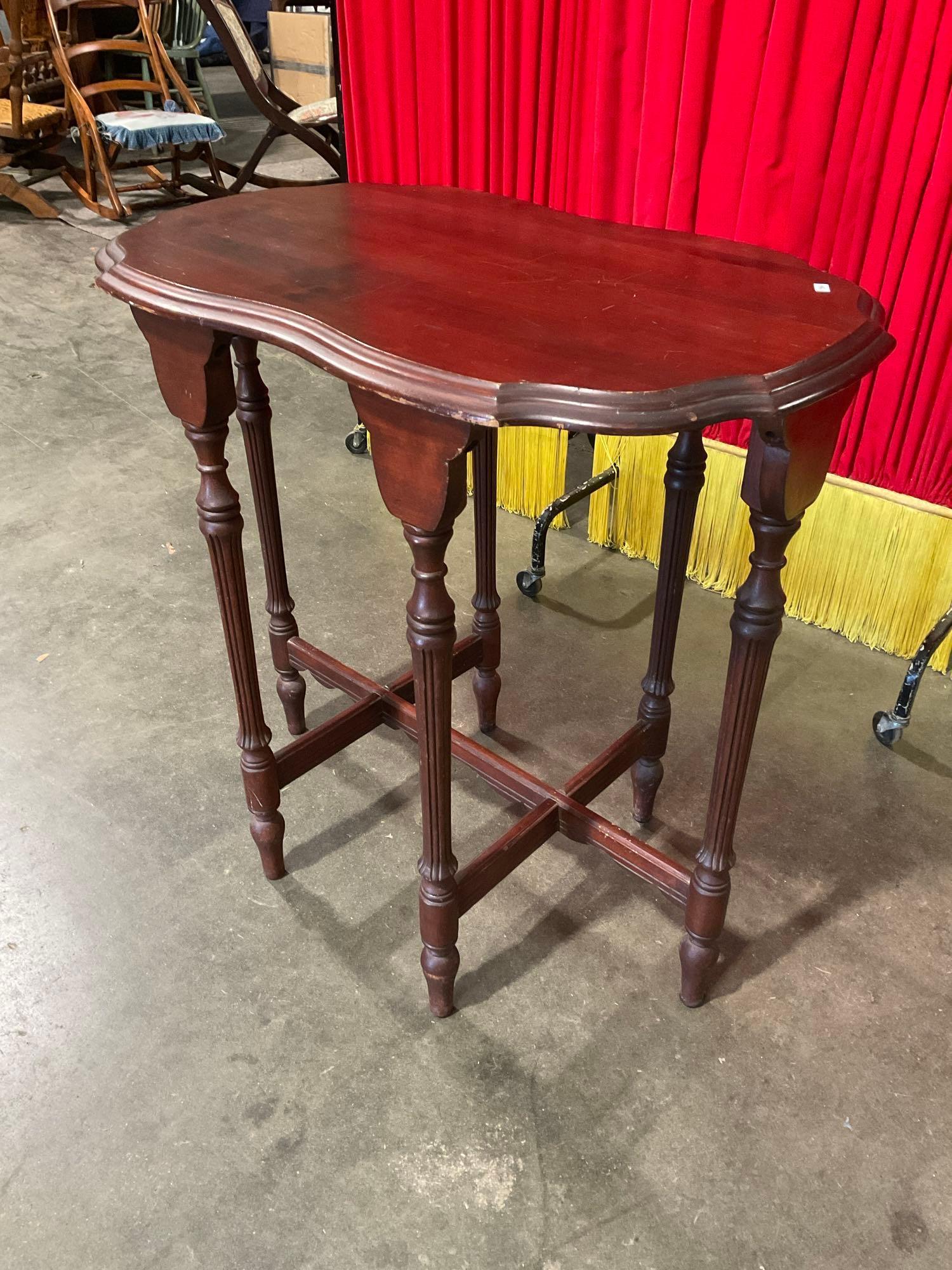 Antique Wooden Side Hall Table w/ Scalloped Edges, Unique Shield Shape & Fluted Legs. See pics.