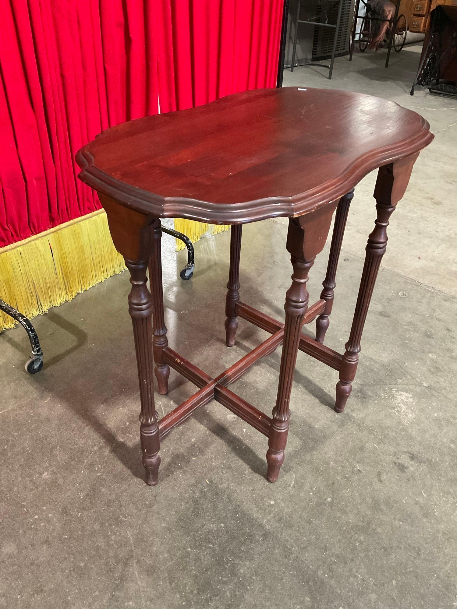 Antique Wooden Side Hall Table w/ Scalloped Edges, Unique Shield Shape & Fluted Legs. See pics.