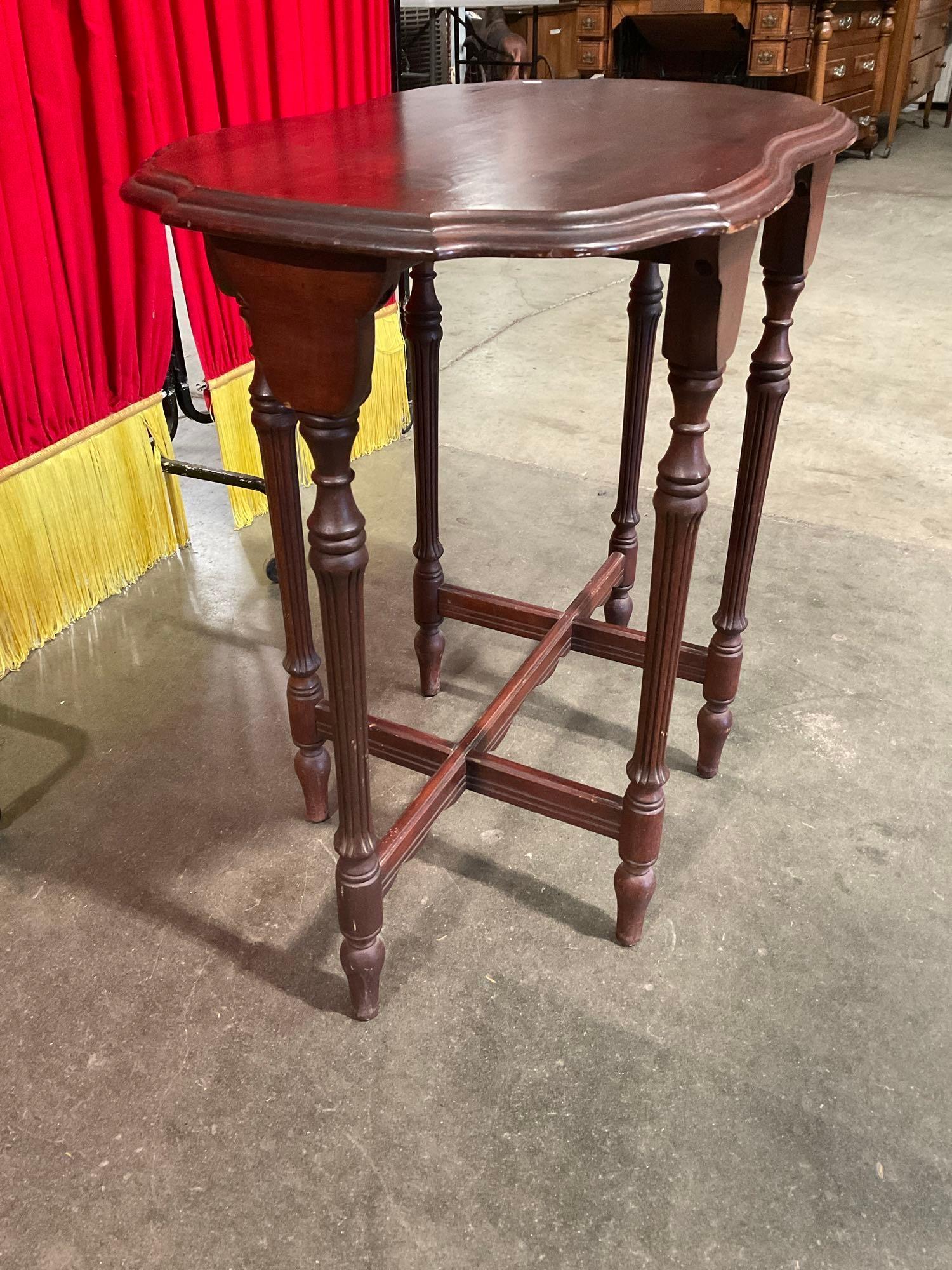 Antique Wooden Side Hall Table w/ Scalloped Edges, Unique Shield Shape & Fluted Legs. See pics.