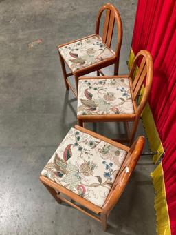 Trio of Vintage Wooden Dining Buffet Chairs w/ Green & Cream Paisley Seats & Short Backs. See pics.