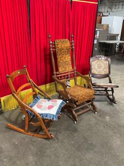 3 pcs Antique Wooden Rocking Chair Assortment. 1 Dowel Back, 1 Ladder Back, 1 Cushion Back. See