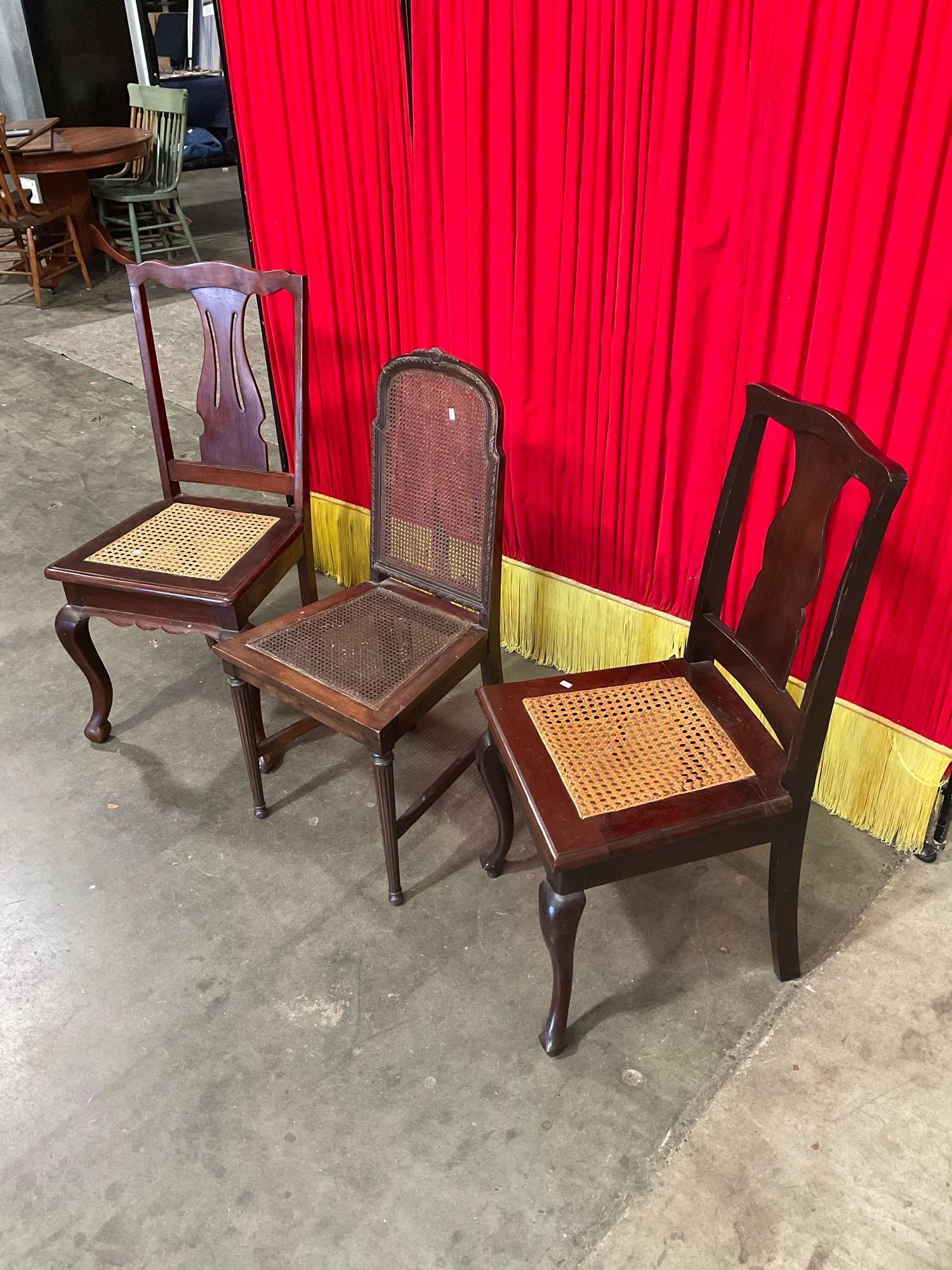 3 pcs Antique Wooden Buffet Chairs Assortment. 1 Urn Back, 1 Caned Back, 1 Lyre Back. See pics.
