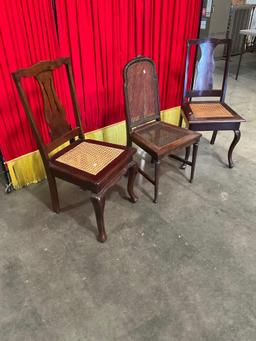 3 pcs Antique Wooden Buffet Chairs Assortment. 1 Urn Back, 1 Caned Back, 1 Lyre Back. See pics.