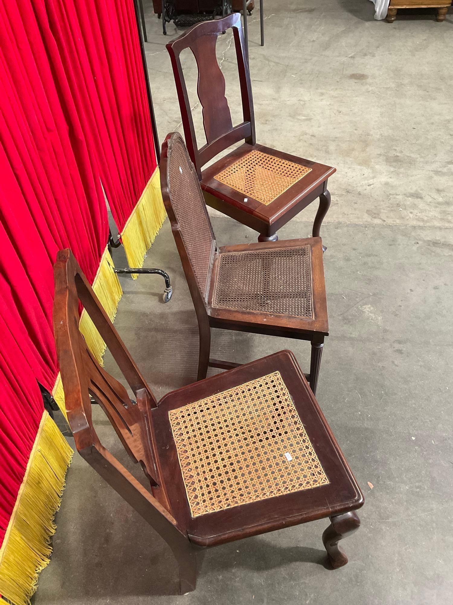 3 pcs Antique Wooden Buffet Chairs Assortment. 1 Urn Back, 1 Caned Back, 1 Lyre Back. See pics.