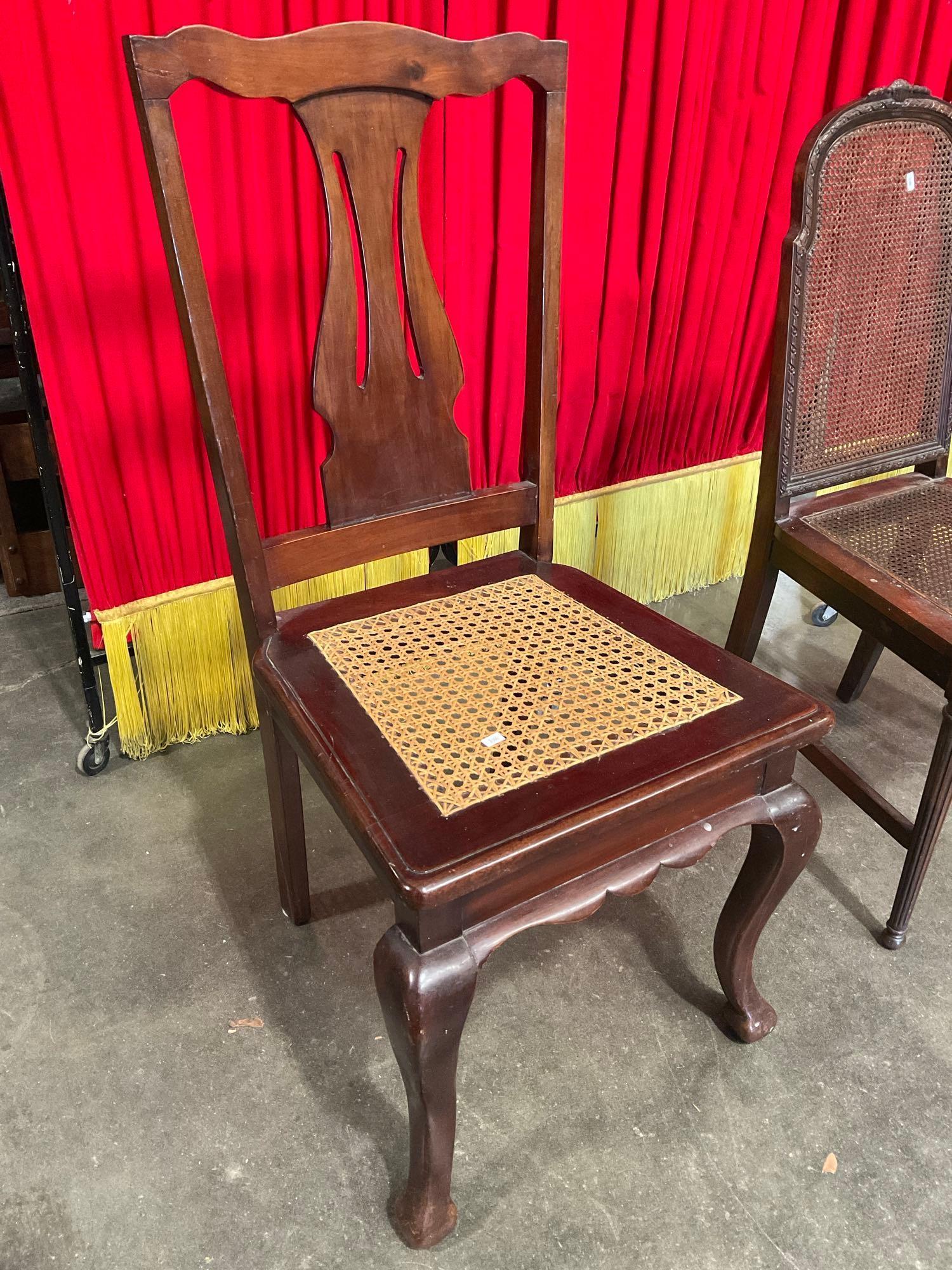 3 pcs Antique Wooden Buffet Chairs Assortment. 1 Urn Back, 1 Caned Back, 1 Lyre Back. See pics.