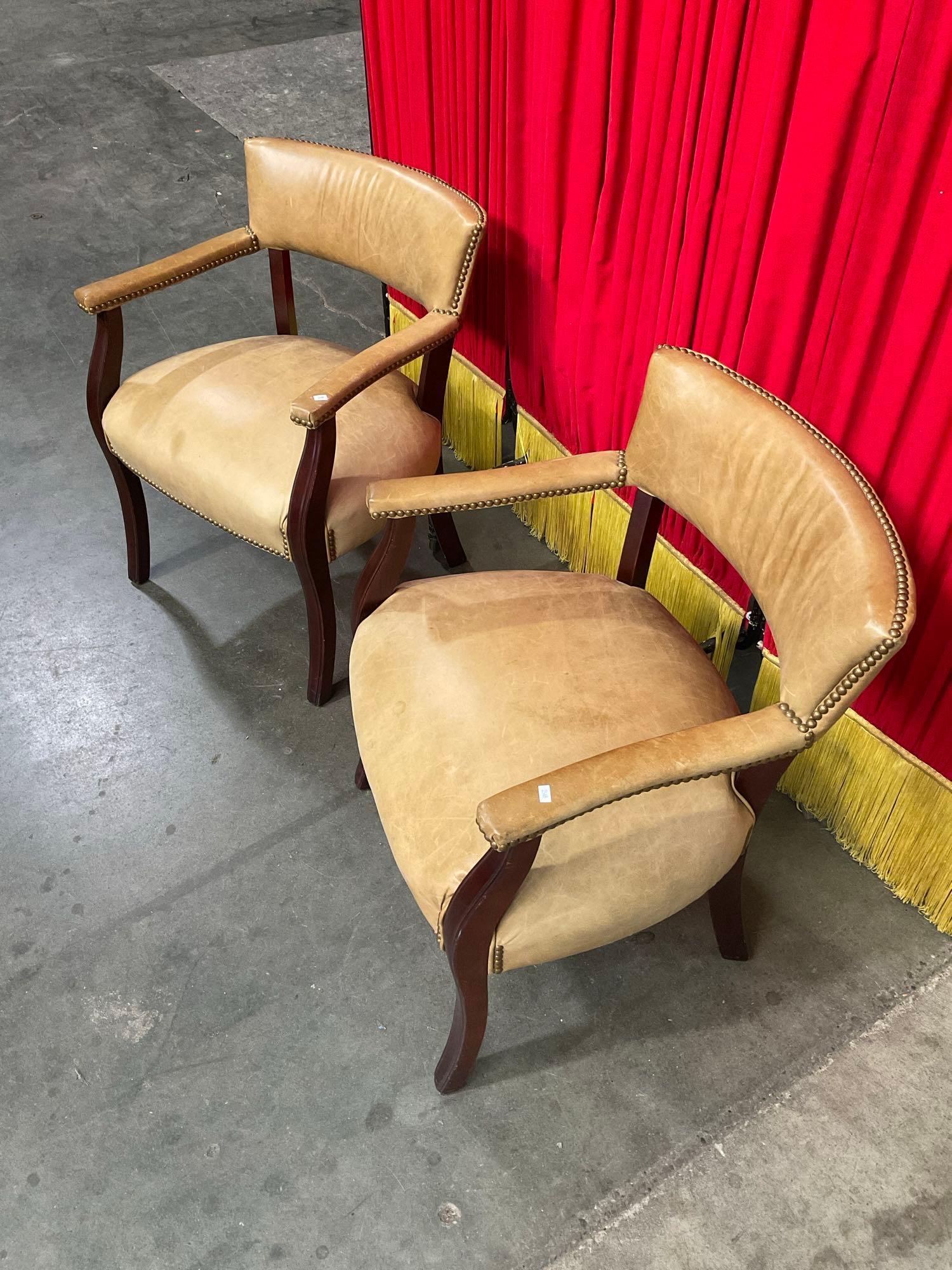 Pair of Vintage Thomasville Wooden Armchairs w/ Tan Leather Upholstery & Brass Studs. See pics.