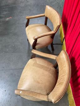 Pair of Vintage Thomasville Wooden Armchairs w/ Tan Leather Upholstery & Brass Studs. See pics.