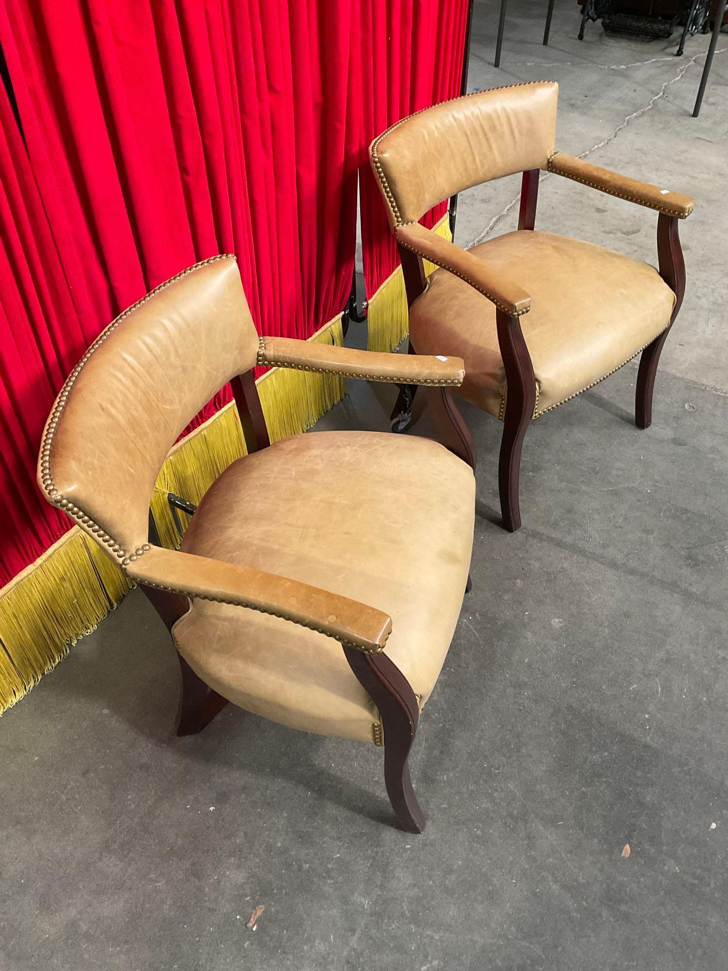 Pair of Vintage Thomasville Wooden Armchairs w/ Tan Leather Upholstery & Brass Studs. See pics.