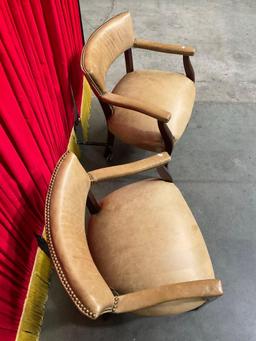 Pair of Vintage Thomasville Wooden Armchairs w/ Tan Leather Upholstery & Brass Studs. See pics.