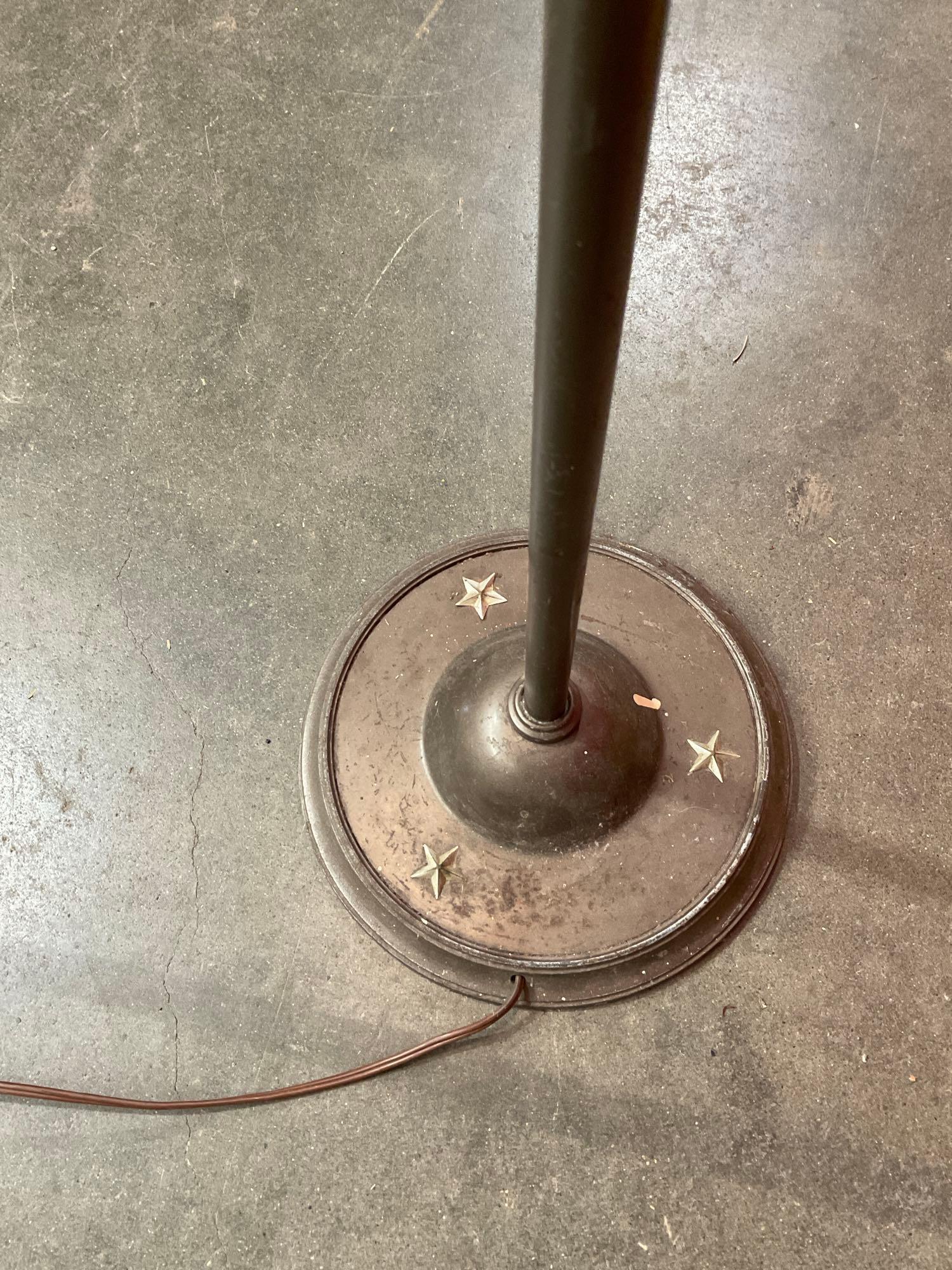 Vintage Metal Floor Bridge Lamp w/ Round Flat Metal Shade. Stars on Base. Tested, Works. See pics.