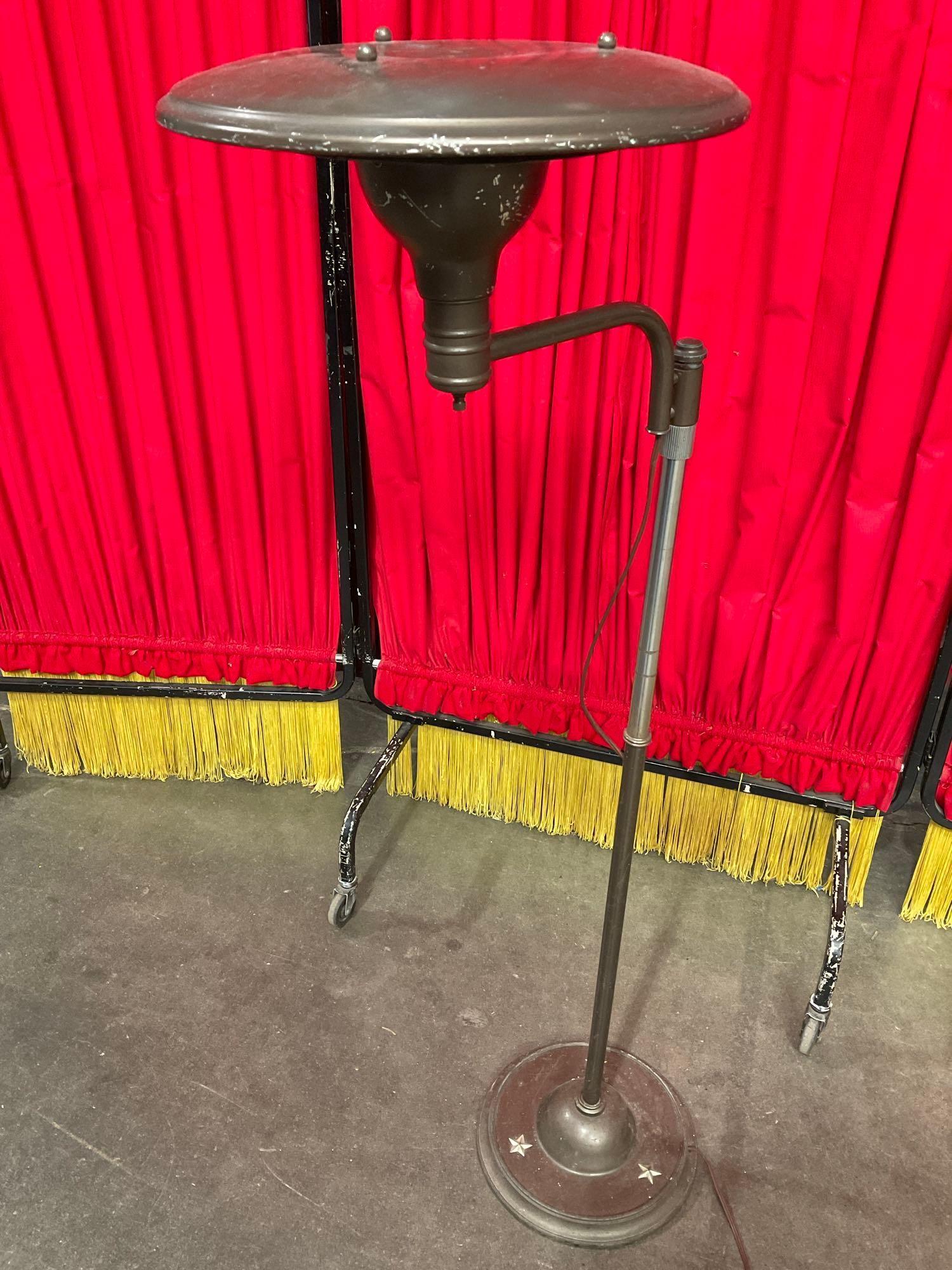 Vintage Metal Floor Bridge Lamp w/ Round Flat Metal Shade. Stars on Base. Tested, Works. See pics.