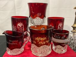 6x Antique Etched Ruby Glasses, Marquis by Waterford dish, Hobstar & Diamond Pattern Gilt Pitcher