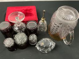 6x Antique Etched Ruby Glasses, Marquis by Waterford dish, Hobstar & Diamond Pattern Gilt Pitcher
