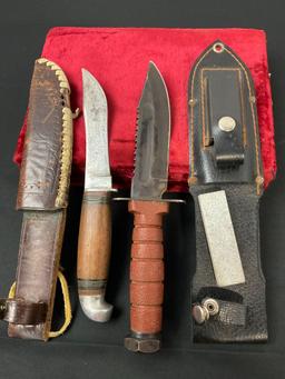 Pair of Fixed Blade Knives, Leather on Belt Sheaths, Kabar style, and Remington style West Cut