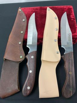 Pair of Vintage Large Fixed Blade Knives, Boone & Gemini 420 Stainless Steel, Wooden Handles