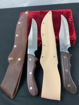 Pair of Vintage Large Fixed Blade Knives, Boone & Gemini 420 Stainless Steel, Wooden Handles