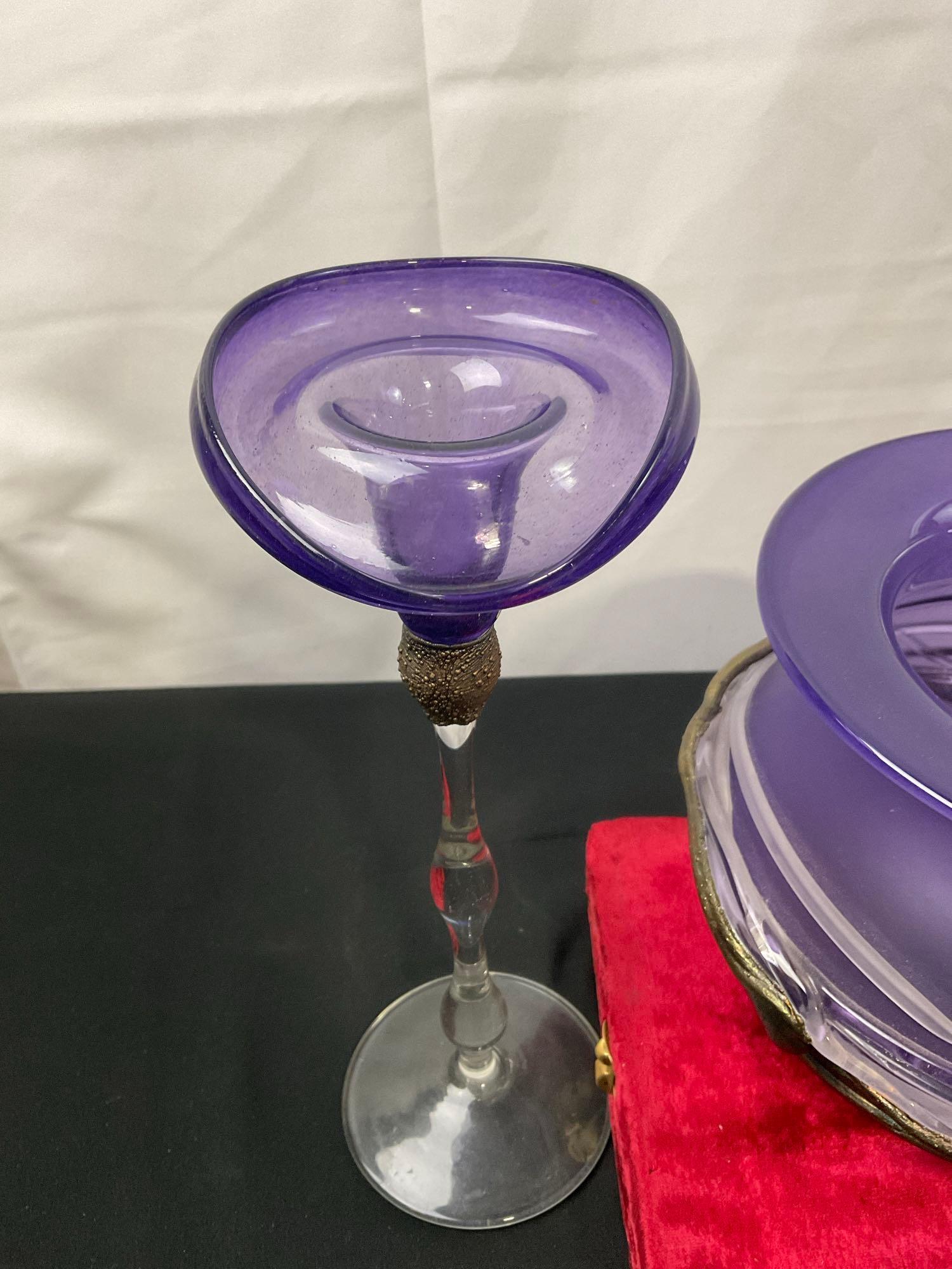 Vintage Art Glass Dishes, Stemmed Candlesticks, Large Wide Purple Glass Wrapped Jug