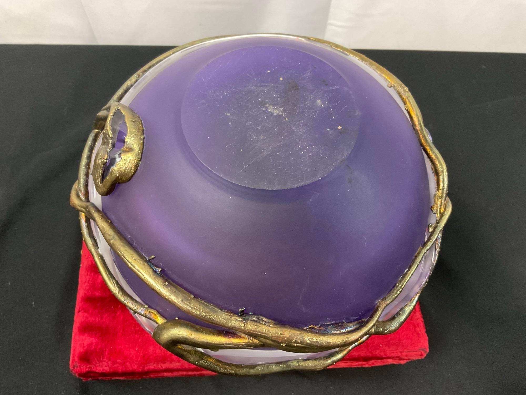 Vintage Art Glass Dishes, Stemmed Candlesticks, Large Wide Purple Glass Wrapped Jug