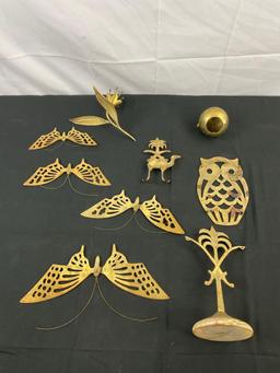 9 pcs Vintage Brass & Stone Decorative Assortment. Brass Apple Bell. Owl Trivet. 4 Butterflies. See