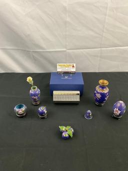 8 pcs Decorative Collectible Assortment. Vintage Blue Cloisonne. Swarovski Tea-light Holder. See