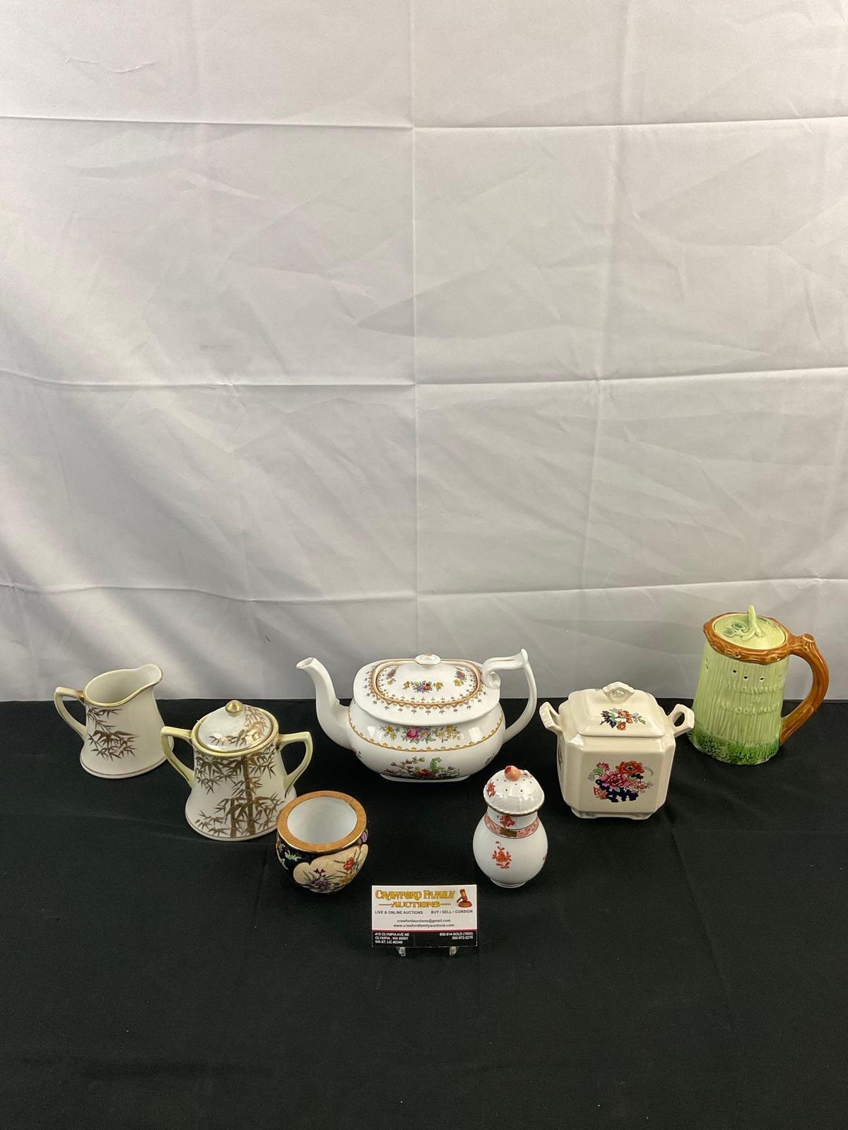 7 pcs Vintage Ceramic Dish Assortment. 1940s Spode Peplow Teapot. Herend Hungary Shaker. See pics.