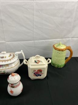 7 pcs Vintage Ceramic Dish Assortment. 1940s Spode Peplow Teapot. Herend Hungary Shaker. See pics.