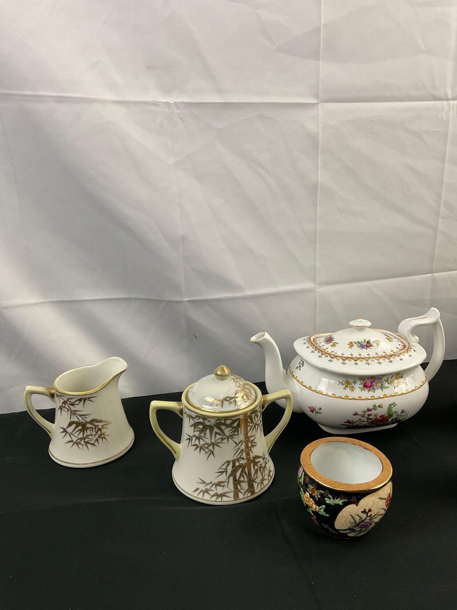 7 pcs Vintage Ceramic Dish Assortment. 1940s Spode Peplow Teapot. Herend Hungary Shaker. See pics.