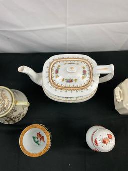 7 pcs Vintage Ceramic Dish Assortment. 1940s Spode Peplow Teapot. Herend Hungary Shaker. See pics.