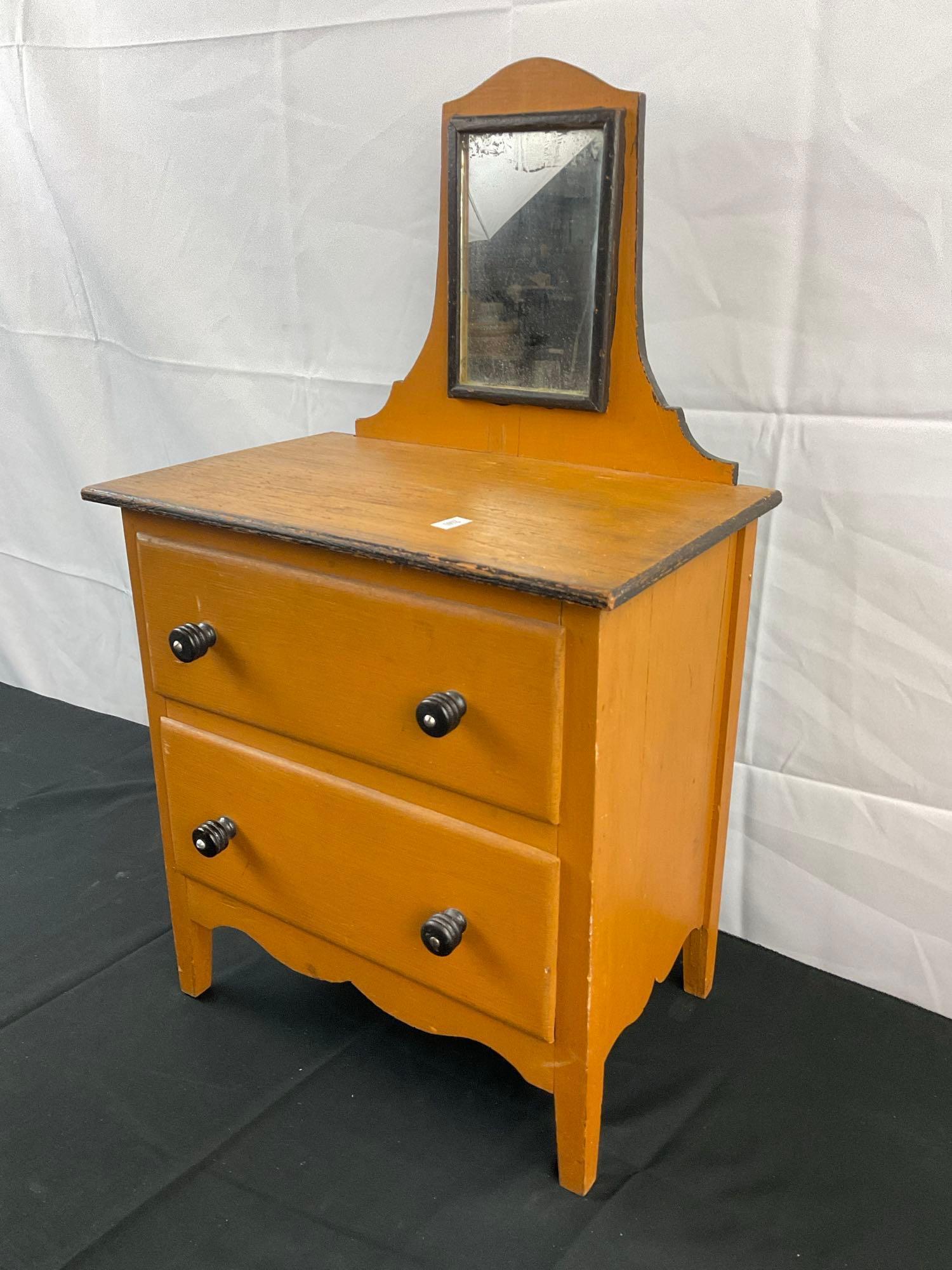 Vintage Handmade Turmeric Painted Miniature Wooden Doll's Dresser w/ Mirror & 2 Drawers. See pics.