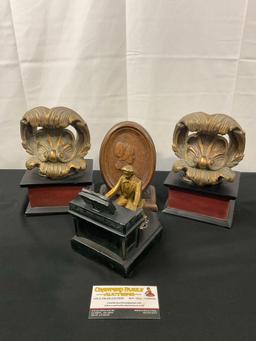 4 Vintage Bookends, J.B. Hirsch Beethoven, Neoclassical Italian pair & Wooden Plaque of a woman