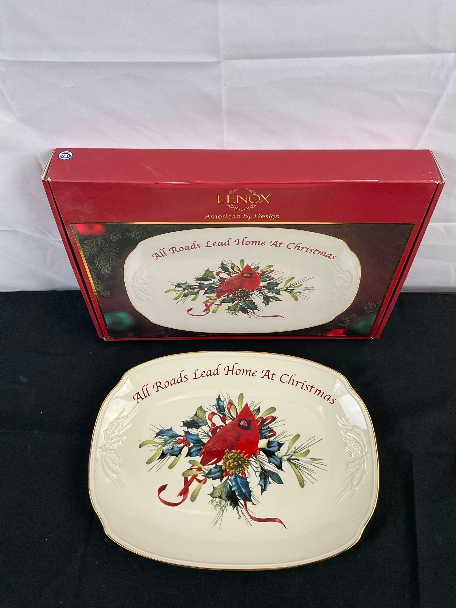 Vintage Lenox Winter's Greeting Ceramic Serving Platter w/ Christmas Theme & Cardinal. NIB. See