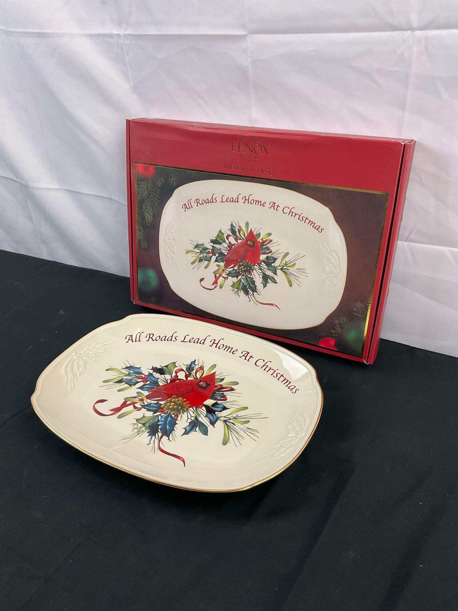 Vintage Lenox Winter's Greeting Ceramic Serving Platter w/ Christmas Theme & Cardinal. NIB. See