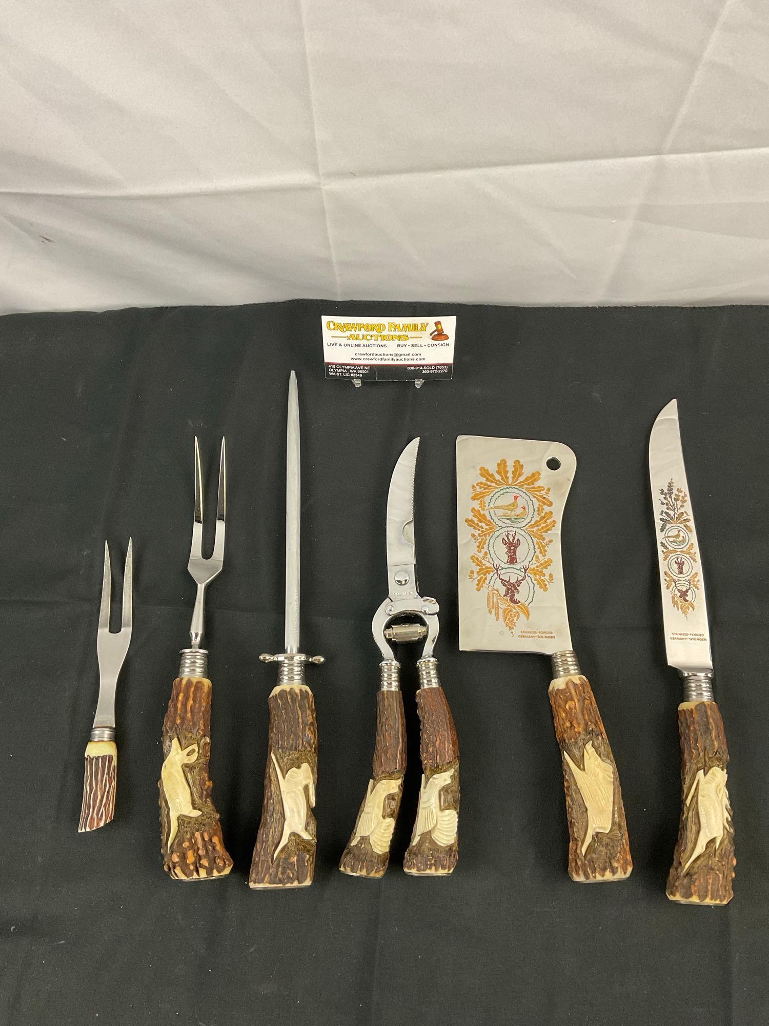 5 pcs Vintage German Steel Carving Knife Set w/ Antler & Bone Handles, Game Animal Etching. See