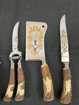 5 pcs Vintage German Steel Carving Knife Set w/ Antler & Bone Handles, Game Animal Etching. See
