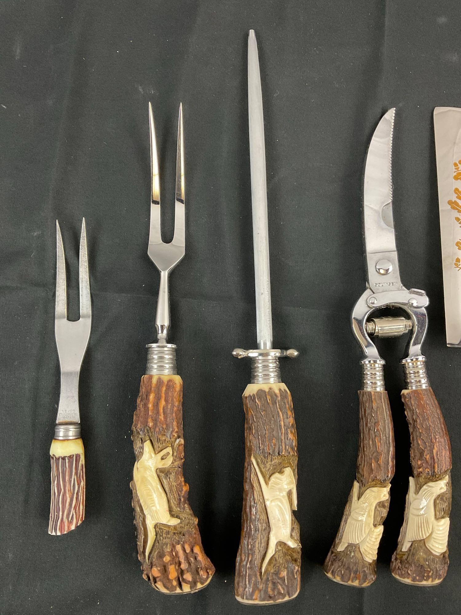 5 pcs Vintage German Steel Carving Knife Set w/ Antler & Bone Handles, Game Animal Etching. See