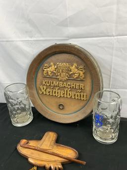 4 pcs Vintage Souvenir Assortment. Chinese Wooden Wall Hanging. Lowenbrau Glass Stein. See pics.